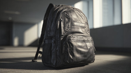 Sleek black backpack stands out against a neutral backdrop with filtered lighting.の素材
