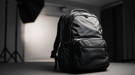 Elegant Black Backpack on a Gray Surface in Professional Studio Environmentの素材
