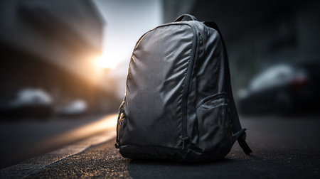 Stylish Black Backpack Against Urban Sunset: Ready for Adventure and Travelの素材