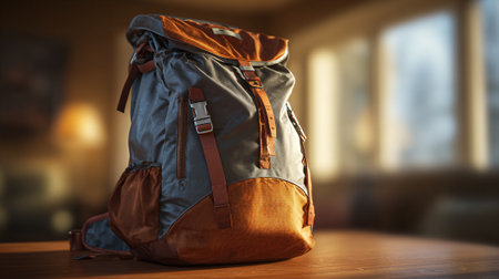 Stylish Backpack Ready for Adventure, Resting on a Wooden Table Indoorsの素材