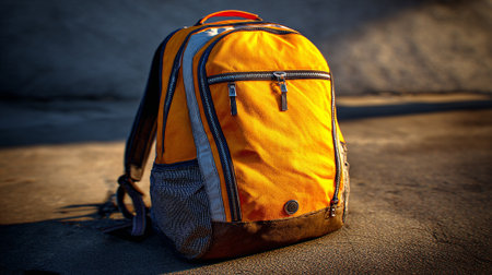 Stylish orange backpack casting a long shadow on the textured surfaceの素材