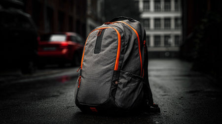 Urban backpack with bright orange accents sits on wet city street.の素材