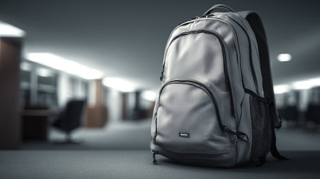 Minimalist Gray Backpack Standing Alone in an Office Space, Elegant and Cleanの素材