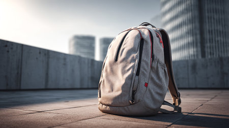 Modern Backpack Against a Backdrop of Urban Architecture on a Sunny Dayの素材