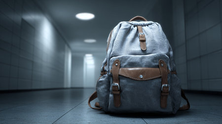 Backpack Sitting in an Empty Hallway with Overheard Lighting Fixturesの素材