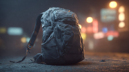 Lost Black Backpack Sitting Alone at Night with Bokeh Streetlightsの素材
