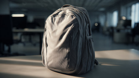 Beige backpack stands ready for work in a modern office settingの素材