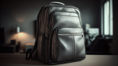 Sophisticated black leather backpack with multiple pockets for daily professional useの素材