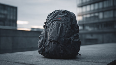 Modern Gray Backpack on Concrete Surface with Building Background, Outdoors Product Shotの素材