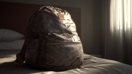 Worn leather backpack resting on a bed in soft, natural lightの素材
