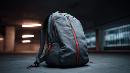 Stylish gray backpack accented with red trim, isolated in an urban settingの素材