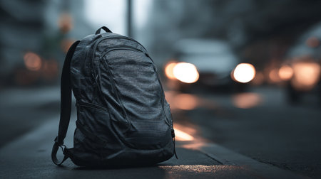 Urban backpack resting on a city street with blurred car lights backdropの素材