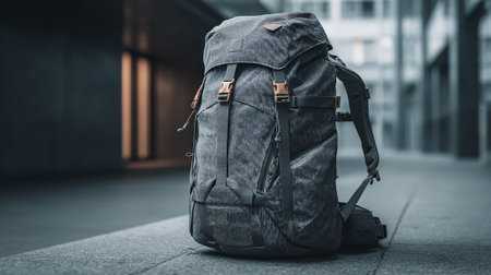 Stylish Urban Backpack Ready for Adventure in a Modern City Setting.の素材