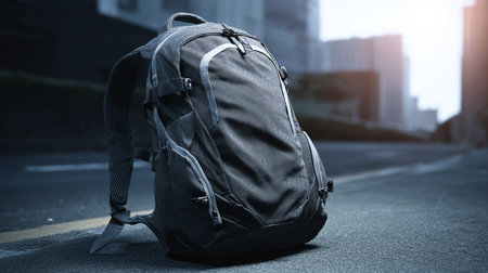 Stylish Backpack Resting on City Street Asphalt, Ready for the Next Adventureの素材