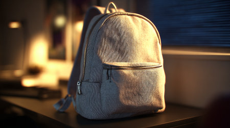 Backpack close-up in soft lighting creating a warm, inviting and cozy scene.の素材