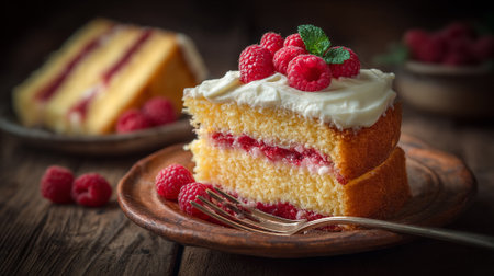 Delicious Raspberry Layer Cake with Cream Cheese Frosting on Rustic Wooden Tableの素材