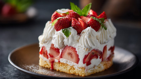 Delicious Strawberry Shortcake Slice Topped with Fresh Strawberries and Whipped Creamの素材