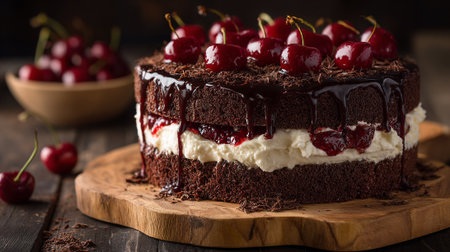 Delicious Black Forest Cake with Cherries and Chocolate on Wooden Boardの素材
