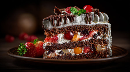 Decadent Chocolate Cake Slice with Fresh Berries and Cream Drizzled Chocolateの素材