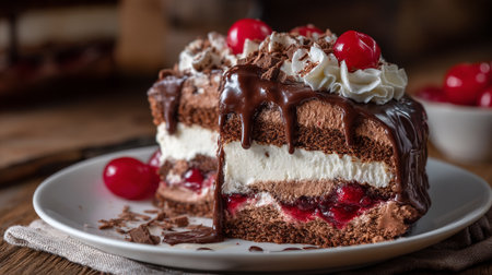 Decadent Black Forest Cake Slice with Cherry Topping and Chocolate Ganacheの素材