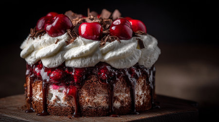 Delicious Black Forest Cake Topped with Cherries and Chocolate Shavingsの素材