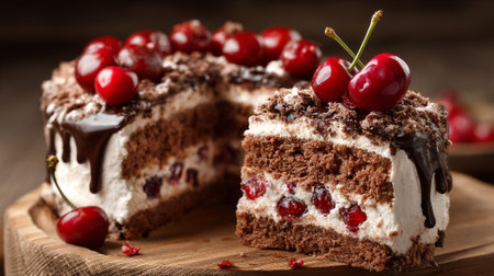 Decadent Black Forest Cake with Cherries and Chocolate Shavings on a Wood Boardの素材