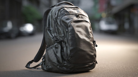 Stylish Black Backpack Stands Alone on Pavement in Urban Setting, Ready for Adventureの素材