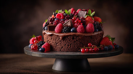 Luscious chocolate cake explosion, decorated with vibrant berries and chocolate chunks on a dark background.の素材