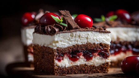 Tempting slice of Black Forest gateau with dark chocolate and fresh cherries.の素材