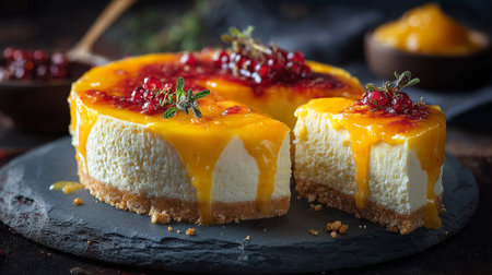 Delicious Cheesecake with Bright Mango Glaze and Fresh Red Currant Garnishの素材