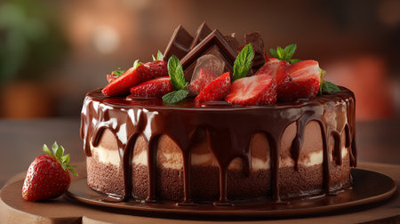 Delicious chocolate strawberry cake with a rich glaze, displayed on a plate.の素材