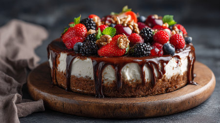 Delicious Mixed Berry Chocolate Drizzled Cheesecake on Wooden Board Ready to Eatの素材
