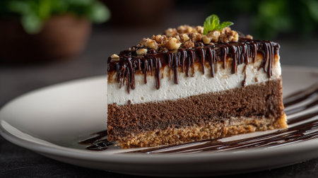 Decadent Chocolate Cake Slice with Whipped Cream Topping and Dripping Fudgeの素材