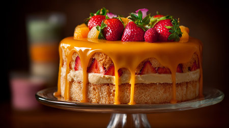 Decadent Sponge Cake with Strawberries, Orange Slices, and Glossy Mango Glazeの素材