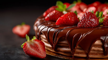 Delicious Chocolate Cake Adorned with Fresh Strawberries on a Dark Backgroundの素材