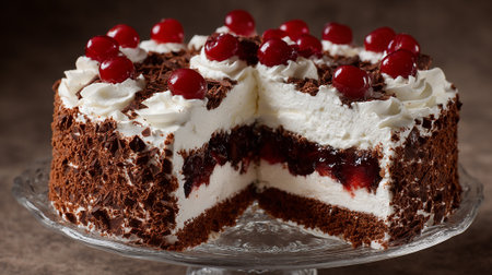 Delicious Black Forest cake cut slice, featuring fresh cherries and whipped cream.の素材