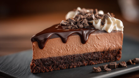 Decadent Chocolate Layer Cake Slice with Rich Ganache and Whipped Creamの素材
