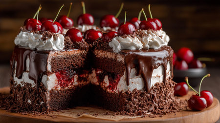 Decadent black forest cake with ripe cherries and chocolate shavings presented beautifullyの素材