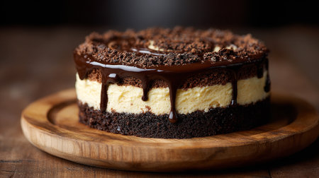 Decadent chocolate cheesecake with rich ganache dripping down the sides, resting on wood.の素材