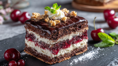Decadent Black Forest Cake Slice Garnished with Fresh Cherries and Mintの素材