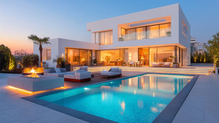 Modern Villa with Swimming Pool and Fire Pit at Dusk Ambienceの素材