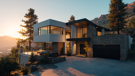 Stunning modern house with panoramic views surrounded by natural mountain landscapeの素材