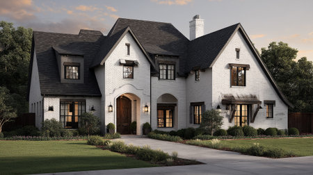 Elegant White Brick House with Dark Roof and Beautiful Landscapingの素材
