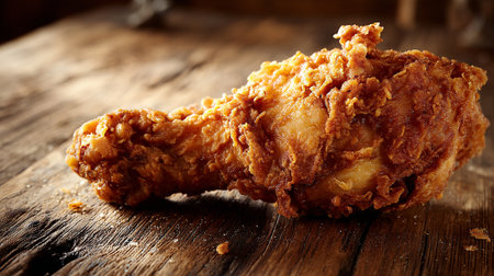 Delicious crispy fried chicken leg on vintage wooden table surface.の素材
