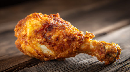 Golden Fried Chicken Drumstick on Rustic Wooden Table for Food Imageryの素材
