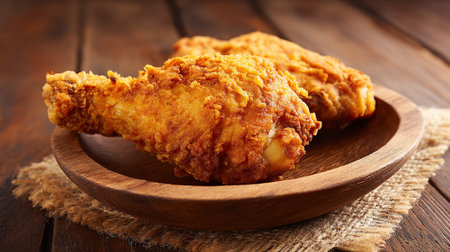 Two pieces of fried chicken presented on a wooden plate backdropの素材