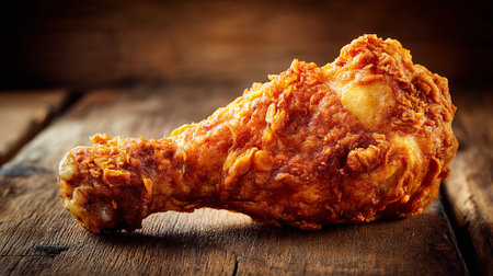 Delicious crispy fried chicken leg piece on a rustic wooden surfaceの素材