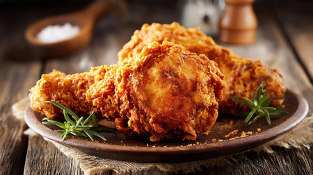 Delicious Crispy Fried Chicken Drumsticks Served on a Rustic Wooden Plateの素材