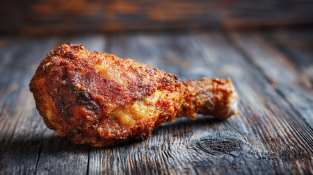 Delicious and Crispy Fried Chicken Leg on a Rustic Wooden Surfaceの素材