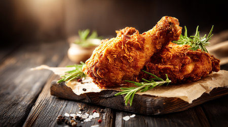Crispy fried chicken drumsticks displayed on a rustic wood cutting board.の素材